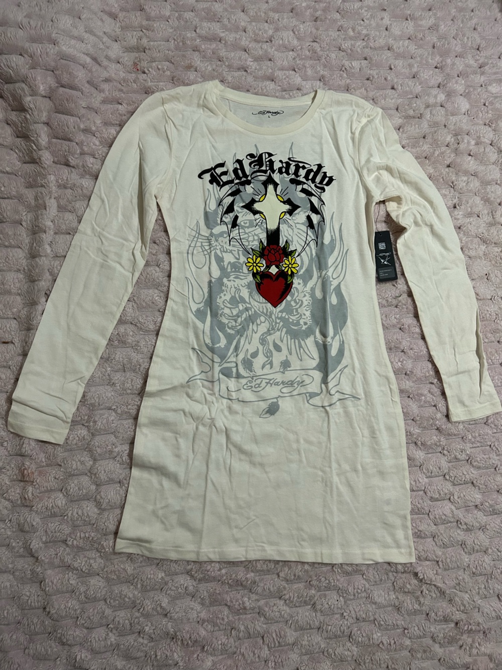 Ed Hardy Cream Long-Sleeve Graphic Tee with Heart & Floral Cross
